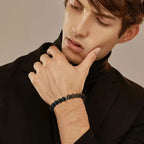 Black Stone Bead Bracelet for Men Boys,Obsidian Tiger Eye Metal Beaded Elastic Wristband,Casual Jewelry Gifts