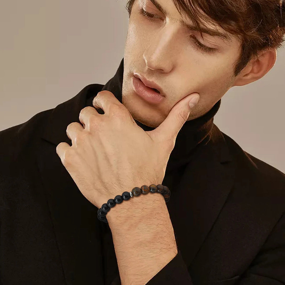Black Stone Bead Bracelet for Men Boys,Obsidian Tiger Eye Metal Beaded Elastic Wristband,Casual Jewelry Gifts