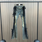 Lace Up Flare Jeans Retro Stitch Lace Whiskers Slim Low Rise Split Bootcut Pants Women Bell Bottoms Streetwear