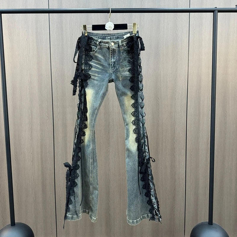 Lace Up Flare Jeans Retro Stitch Lace Whiskers Slim Low Rise Split Bootcut Pants Women Bell Bottoms Streetwear