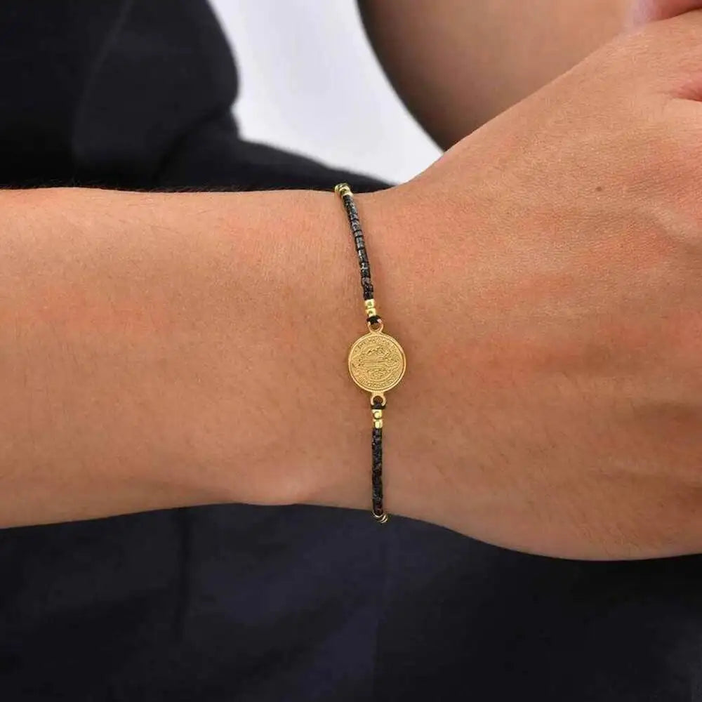 Saint Benedict Mini Beaded Bracelets for Men,Stainless Steel Round Charm Adjustable Rope Wristband,Bohemian Religious Jewelry