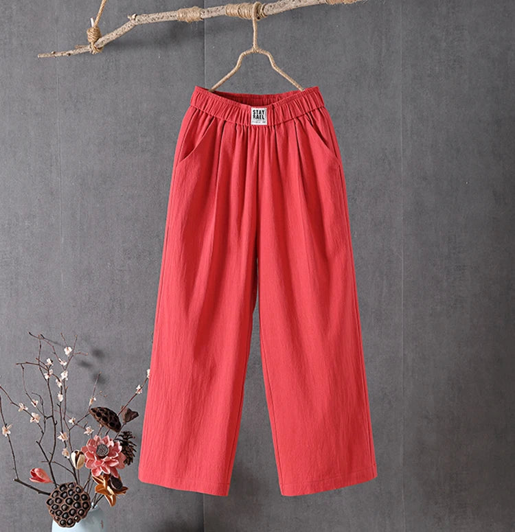 Female 2025 High Quality Loose Trousers Summer Elastic Waist Women's Pants Casual Solid Cotton Linen Ankle Length Pants