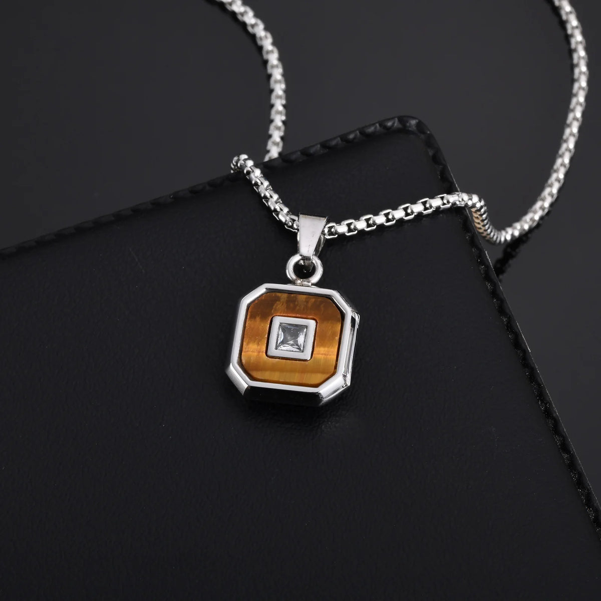 Stylish Square Pendant Necklaces for Men,Small Geometric Natural Stone Stainless Steel Pendant,Center Zircon Collars Gift