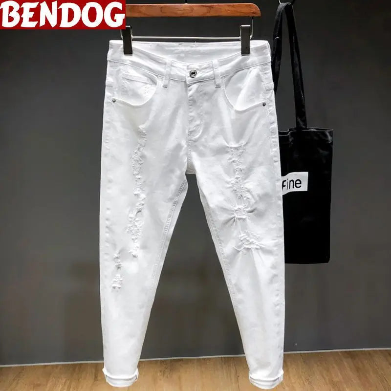 Spring New Ripped Jeans Men's Slim-fitting Elastic Simple Solid Casual Trousers Trendy Men's Trousers White Denim Jeans Hombre