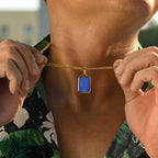 Casual Stainless Steel Men's Rectangular Necklace,Blue Natuarl Stone Lapis Lazuli Pendant,Birthday Father Anniversary Gift