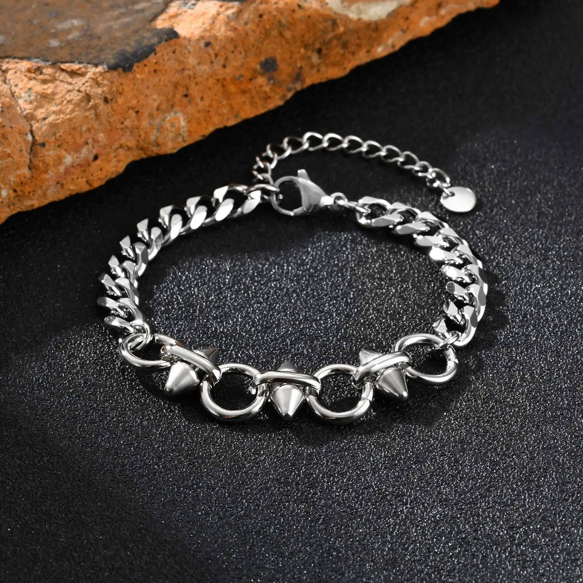 Punk Men's Rivet Chain Bracelet,Never Fade Stainless Steel Adjustable Wristband,Hip Hop Jewelry Gift