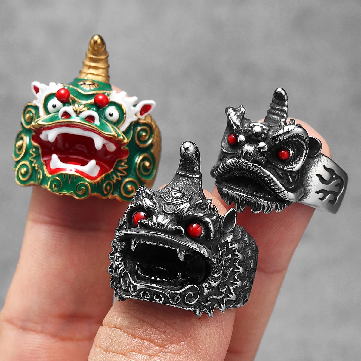 Chinese Lion Dance Unique Men Rings Stainless Steel Retro Punk Stylish Women Jewelry Fashion Accessories Gift Wholesale