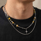 Hiphop Star Cross Chain Necklaces for Men Boys,Stainless Steel Punk Double Layers Chain Collars,Unisex Jewelry