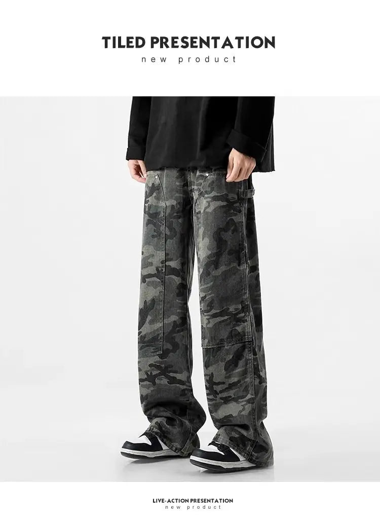 Camouflage Tooling Jeans Autumn New High Street Retro Loose Straight Wide Leg Baggy Trousers Cargo Pants Men Low Rise Jeans