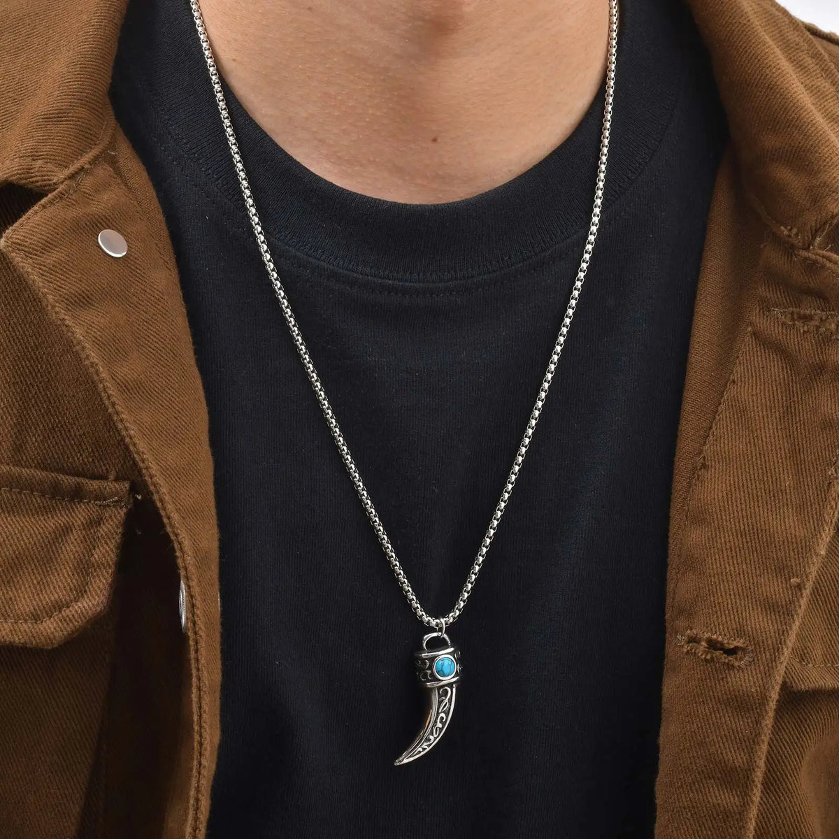 Vintage Men's Necklace,Stainless Steel Totem Natural Stone Pendant Necklace,Ethnic Punk Jewelry Gift