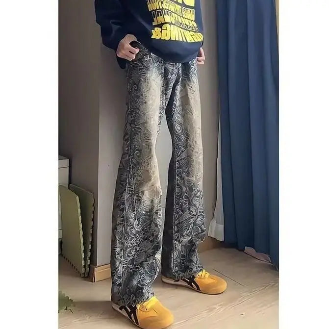 Luxury Men's Trousers 2026 Trend Beauty Coffee Washed Men's Embroidery Slim Design Micro Baggy Straight Pants Flare Jeans