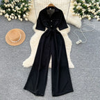 Fashionable casual lapel collar short sleeved cinched waist jumpsuit women's summer new solid color wide leg long pants