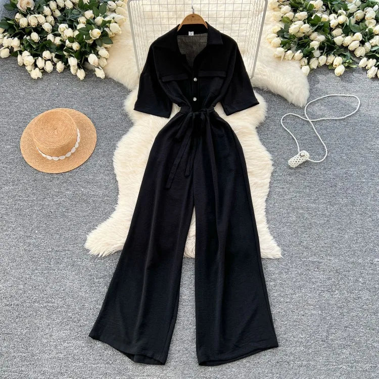 Fashionable casual lapel collar short sleeved cinched waist jumpsuit women's summer new solid color wide leg long pants