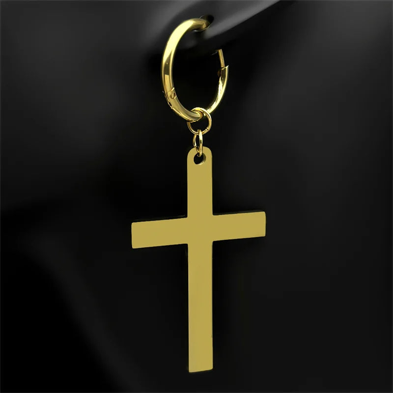 Hip Hop Catholic Cross Hoop Earrings for Women Men Stainless Steel Gold Silver Color Crucifix Statement Earring Jewelry E3476S06