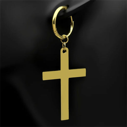 Hip Hop Catholic Cross Hoop Earrings for Women Men Stainless Steel Gold Silver Color Crucifix Statement Earring Jewelry E3476S06