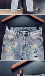 High-end Luxury Clothing Light Blue Jeans Men Fashion Ink Splatter Autumn Slim Pencil Pants Spring Autumn Designer Denim Jeans