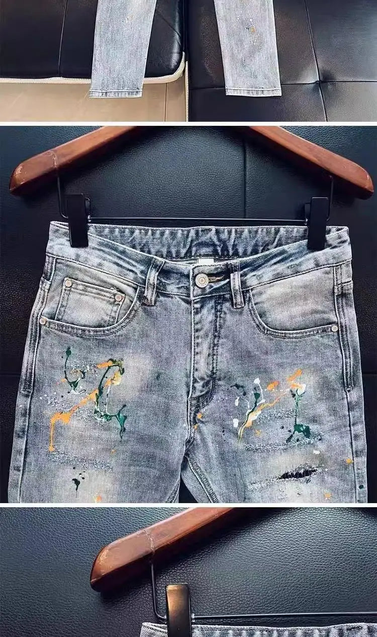 High-end Luxury Clothing Light Blue Jeans Men Fashion Ink Splatter Autumn Slim Pencil Pants Spring Autumn Designer Denim Jeans