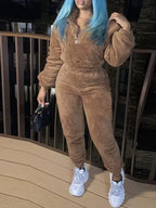 2026 New Women's Solid Color Fleece Two-piece Set, Zipper Long-sleeved Top and Slim-fit Pants, Machine Washable, winter clothes for women