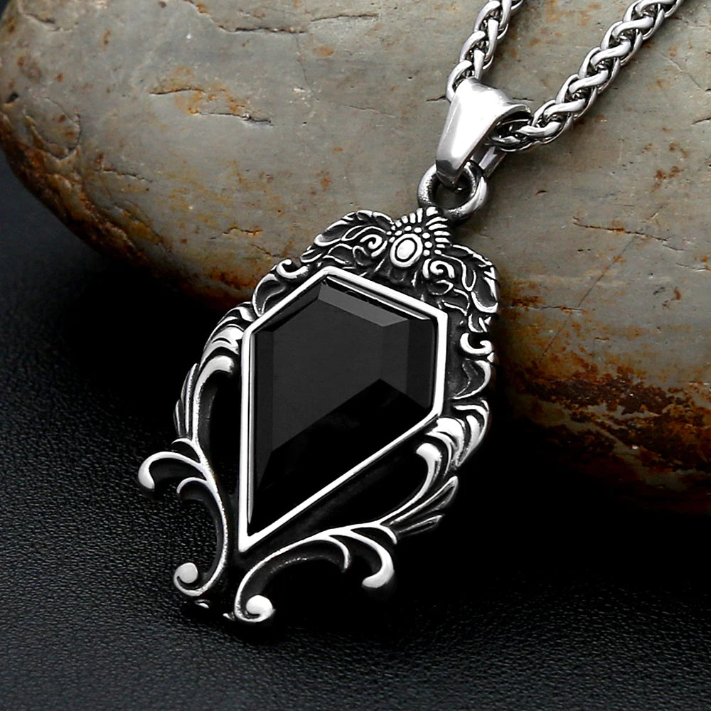 PENDRA Blackstone Vintage Stainless Steel Black Stone Necklace