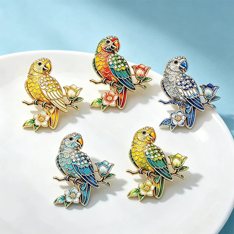 PENDRA Blooming Parrot Rhinestone Brooch