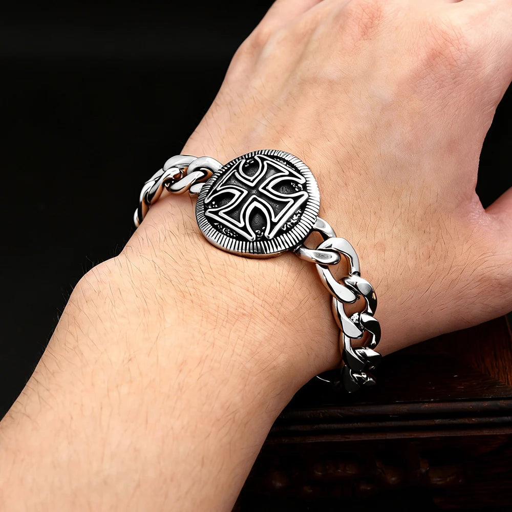 Classic Vintage Knights Templar Iron Cross Bracelet Stainless Steel Punk Hip Hop Christian Cross Men Bracelets Religious Jewelry