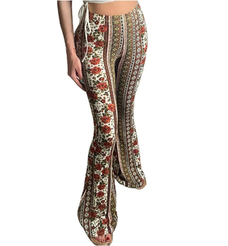 Vintage Boho Spring Floral Print Casual Pants Fashion new high elasticity tight fitting micro flared Yoga Joggers pants