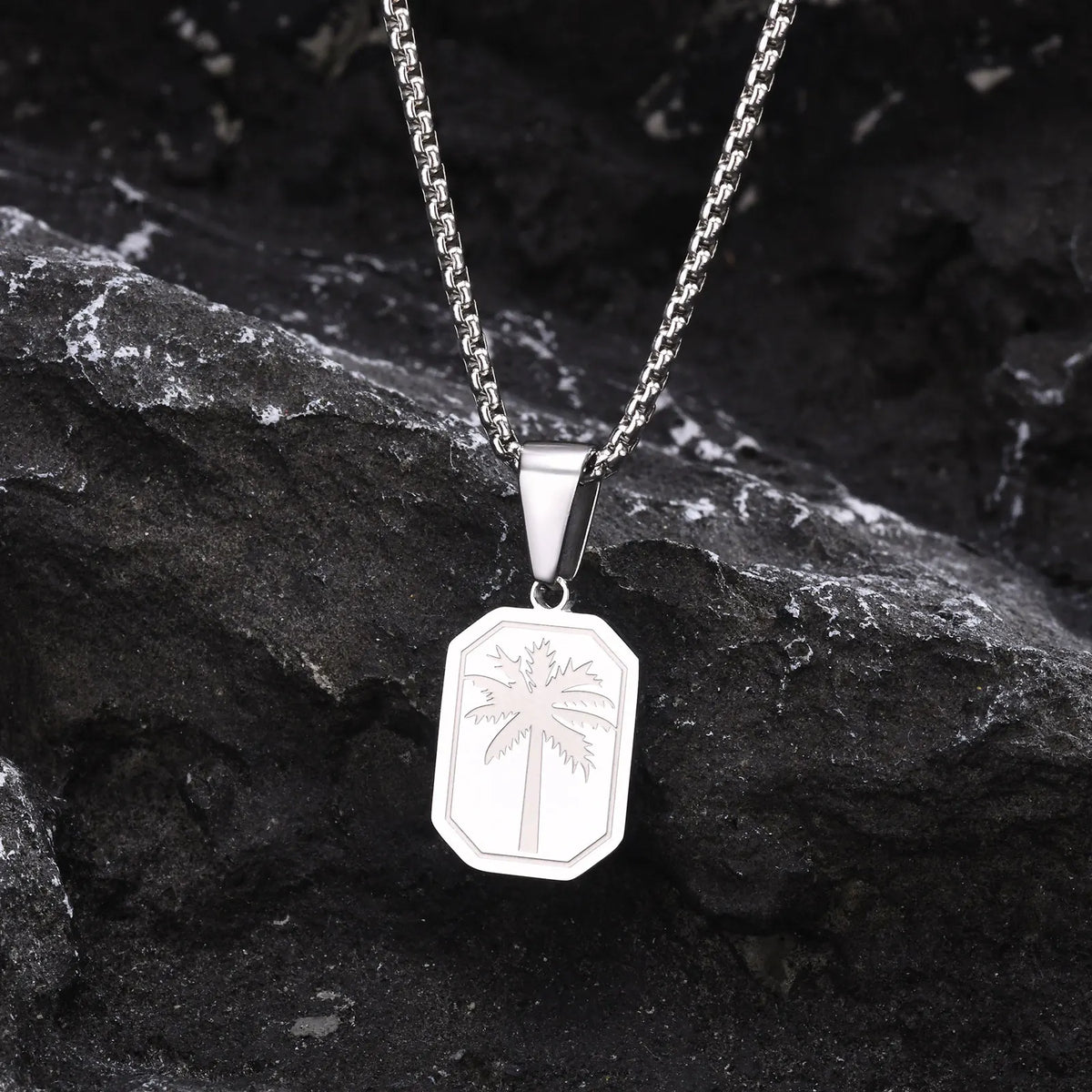 Hawaiian Tree Necklaces for Men,Stainless Steel Palm Trees Square Pendant Necklaces.Chic Stylish Jewelry Gift