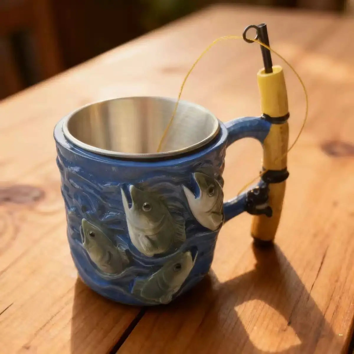 Funny Fishing Rod Handle Coffee Mug 3D Fishing Embossed Stainless Steel Cup for Men Collect Decor Family Ornament Collection