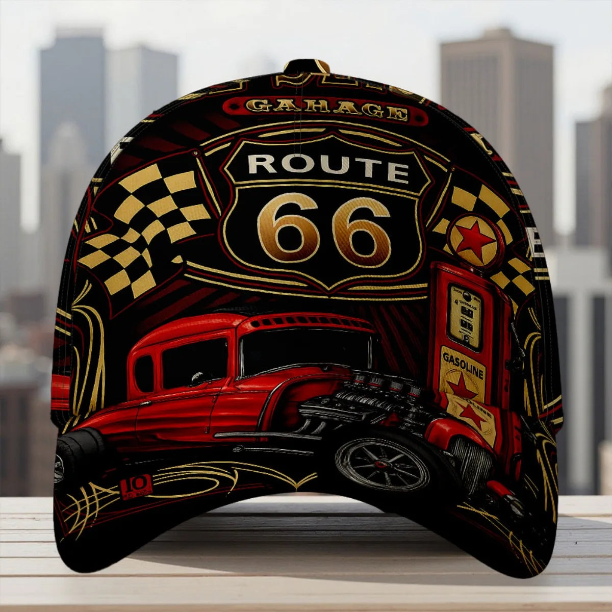 1pc Featuring a Route 66 Hot Rod Garage Design, This All-Over Print Duckbill Hat Has a Fitted Closure And Is Stylishly Hand Wash