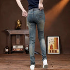 New 2026 Blue Embroidered Men's Slim-fitting Small-footed Jeans Casual Korean Fashion Patch Trend Beggar Designer Long Pants Man