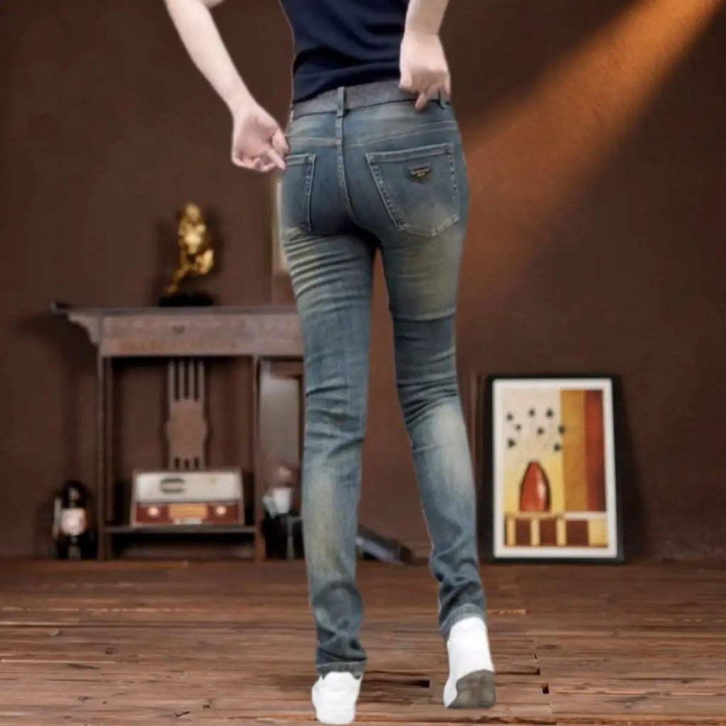 PENDRA Blue Embroidered Slim Jeans