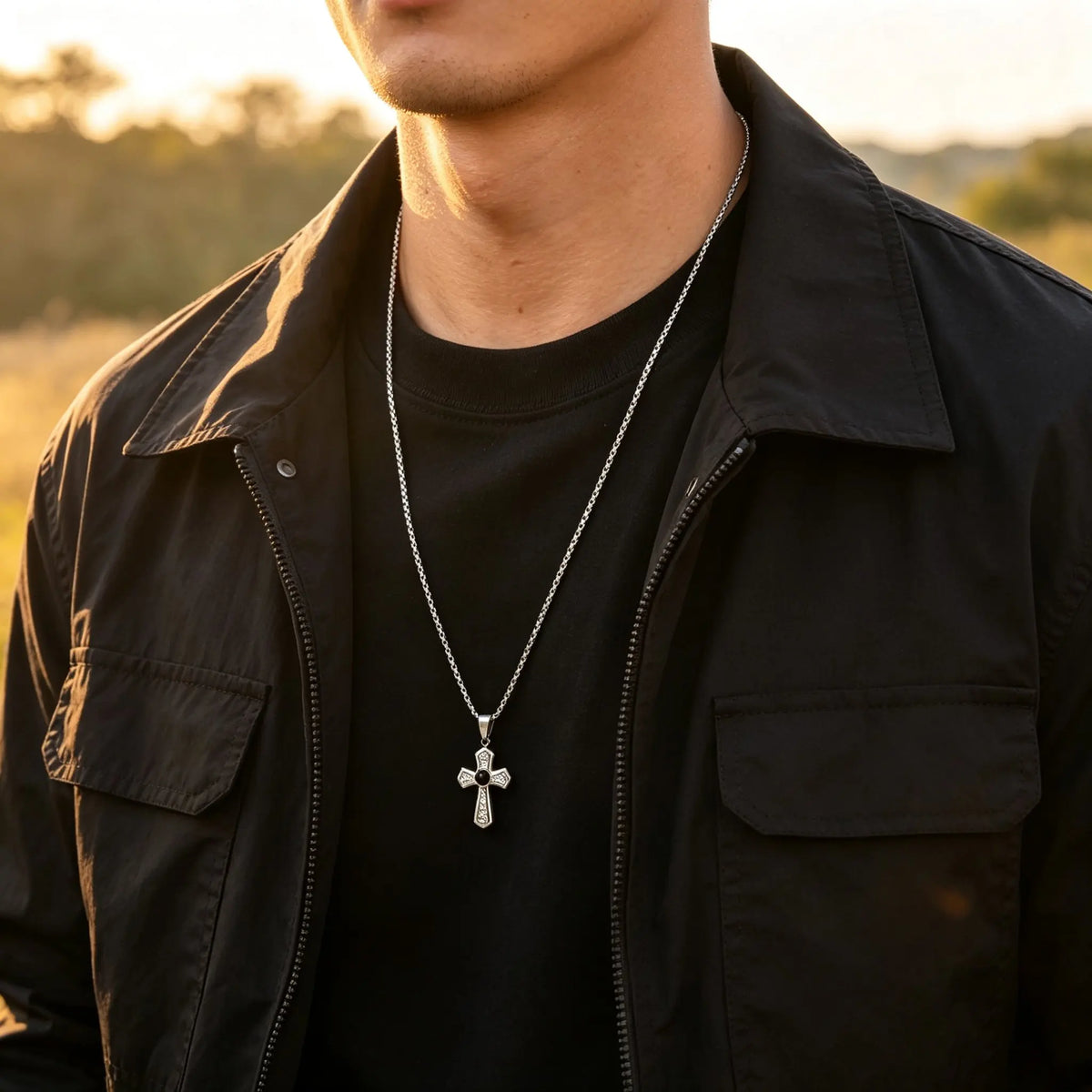 Stylish Black Natural Stone Cross Pendant Neckalce for Men,Stainless Steel Gothic Black Onyx Cross Charm Necklace Jewelry Gift