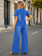 Summer Women's High-Quality Crew Neck Short Sleeve And Loose Straight-Leg Denim Two-Piece Set, Fashionable Casual, Suitable For Daily Wear