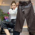 Autumn and Winter New Nine Cropped Leather Pants Women High Waist Slimming Double Waist Belt with Velvet Wide Leg Pants