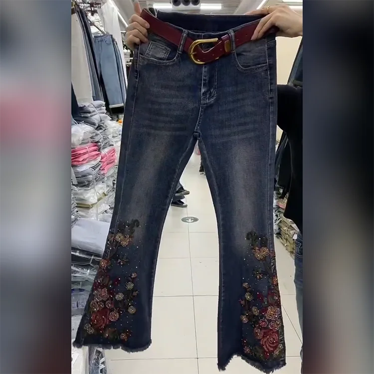 PENDRA Embroidered Denim Flared Ethnic Heavy Industry Hot Diamond Pants