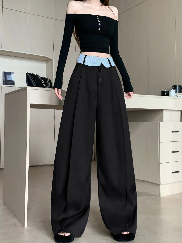 Suit wide leg pants women's autumn and winter striped patchwork high waisted casual fashion versatile straight leg pants