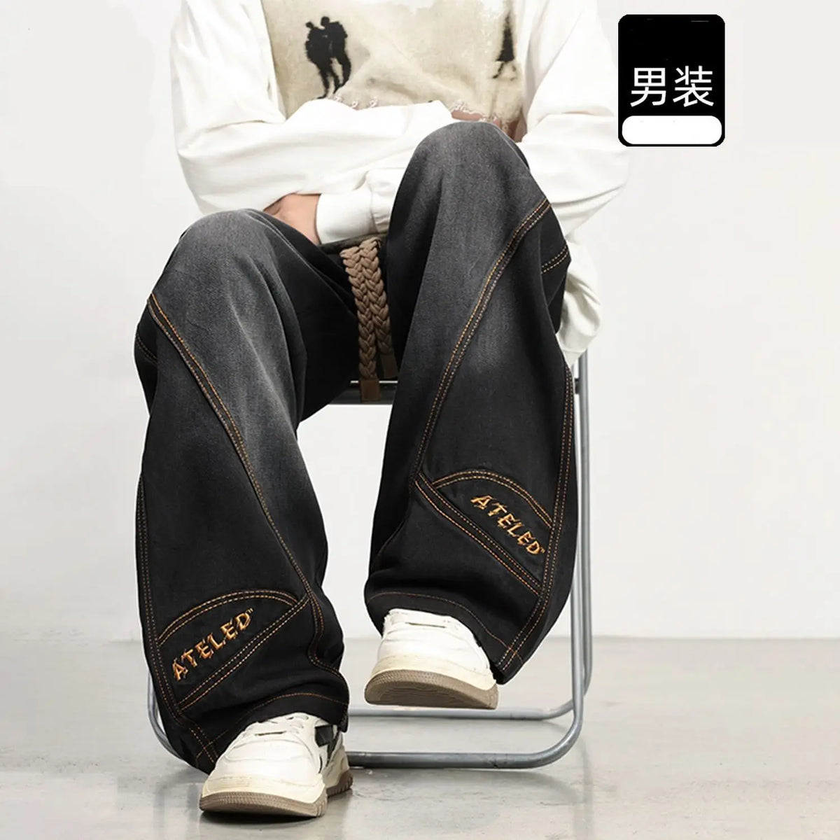 PENDRA Embroidery Washed Straight Pants