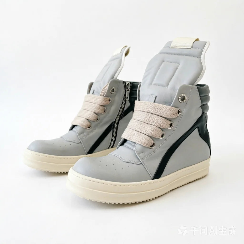PENDRA Shadowline Grey Black Leather High-Top Zip Thick-Sole Ankle Boots