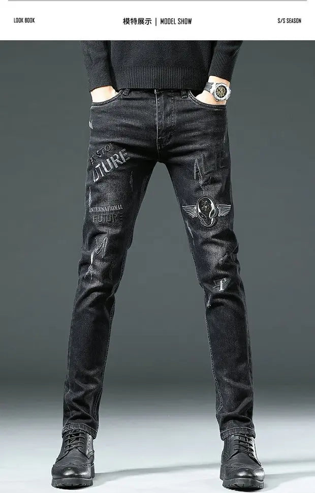 Spring Summer White Hot Drill Ripped Cowboy Korean Style Streetwear Men Washed Luxury Holes Slim Hip-hop Stylish Jeans Trousers