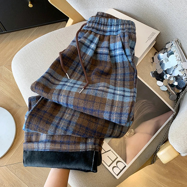 PENDRA Plaid Woolen Elastic Waist Wide Leg Pants