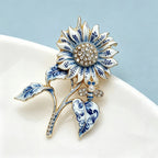 PENDRA Porcelia Blue-and-White Rhinestone Sunflower Brooch