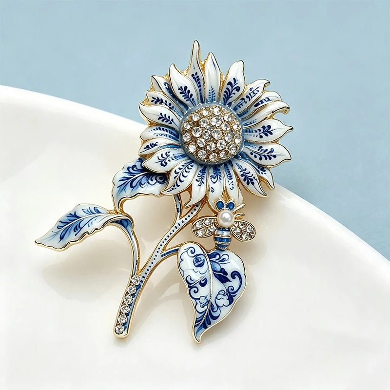 PENDRA Porcelia Blue-and-White Rhinestone Sunflower Brooch