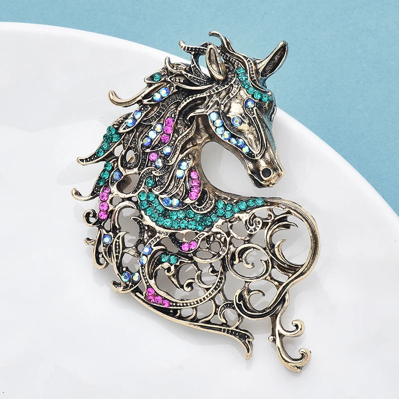 Wuli&baby Vintage Hollow out Handsome Unicorn Horse Brooch Multi color Crystal Horsehair Metal Badge Pin Jewelry Accessory