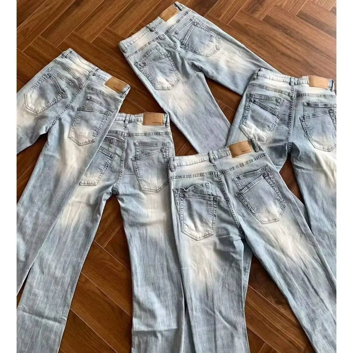 High Quality High Street Bamboo Elastic Light Blue Rear Double Pockets Slightly Pulled Jeans Men's Washed Thin Slim Pants