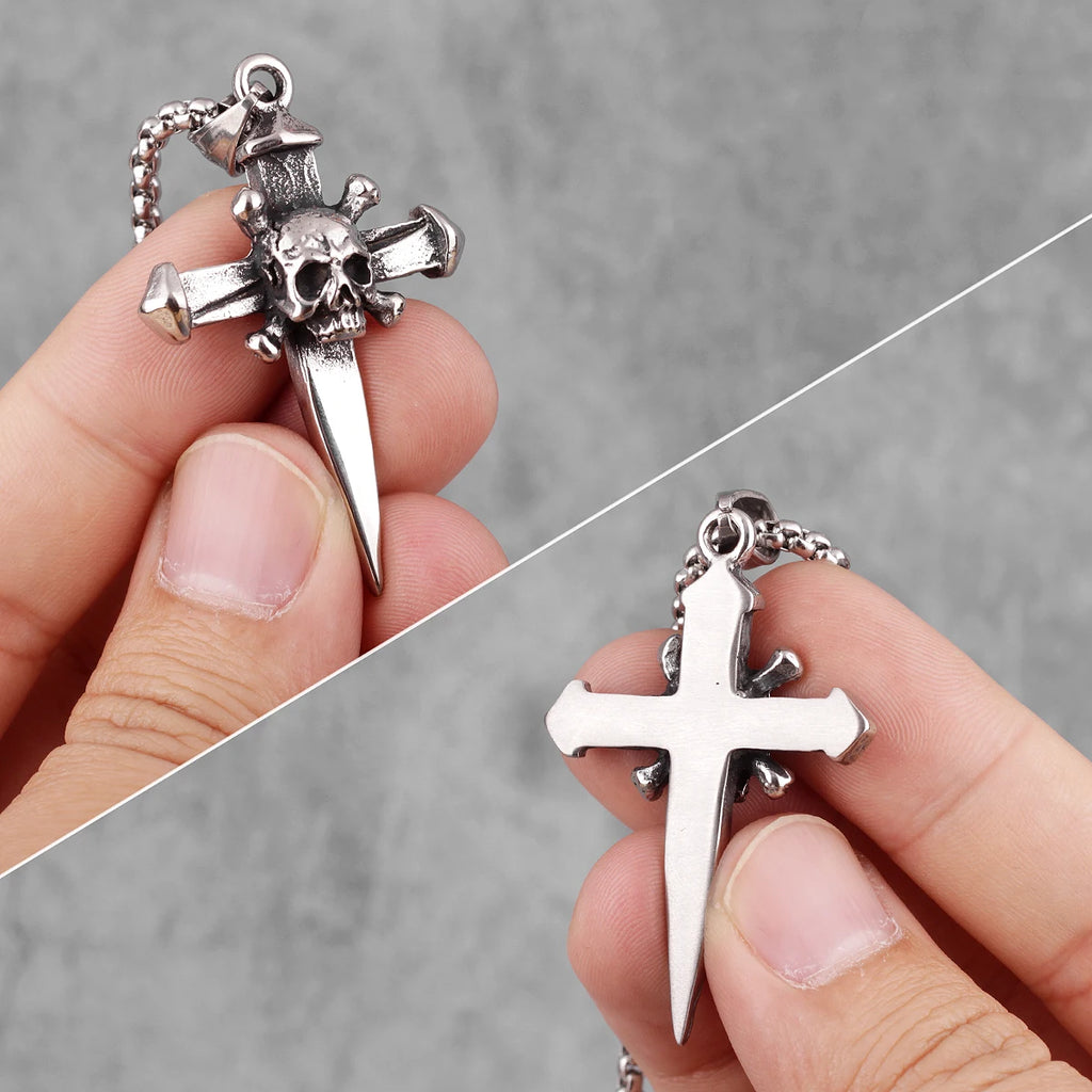 PENDRA Skull Cross Sword Steel Necklace