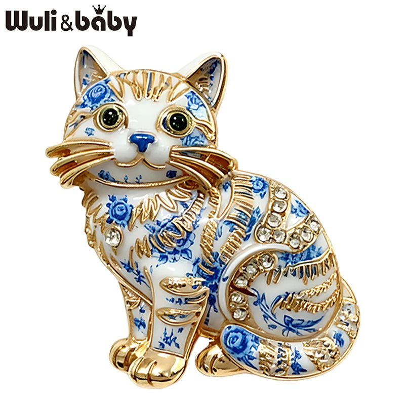 PENDRA Porcelain Cats Blue-and-White Rhinestone Brooch