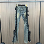 Lace Up Flare Jeans Retro Stitch Lace Whiskers Slim Low Rise Split Bootcut Pants Women Bell Bottoms Streetwear