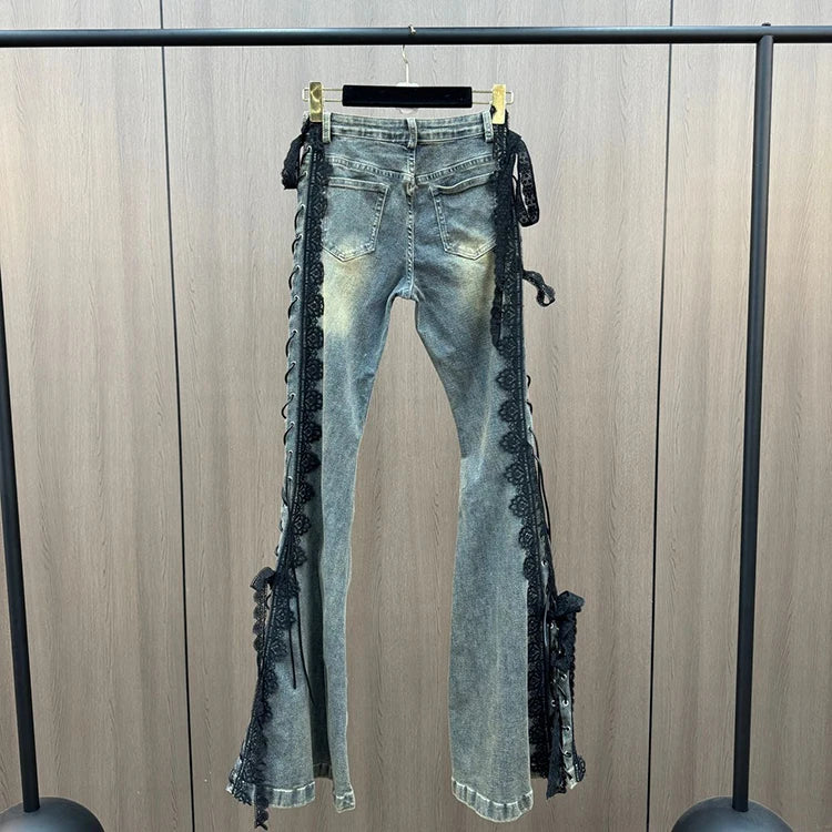 Lace Up Flare Jeans Retro Stitch Lace Whiskers Slim Low Rise Split Bootcut Pants Women Bell Bottoms Streetwear