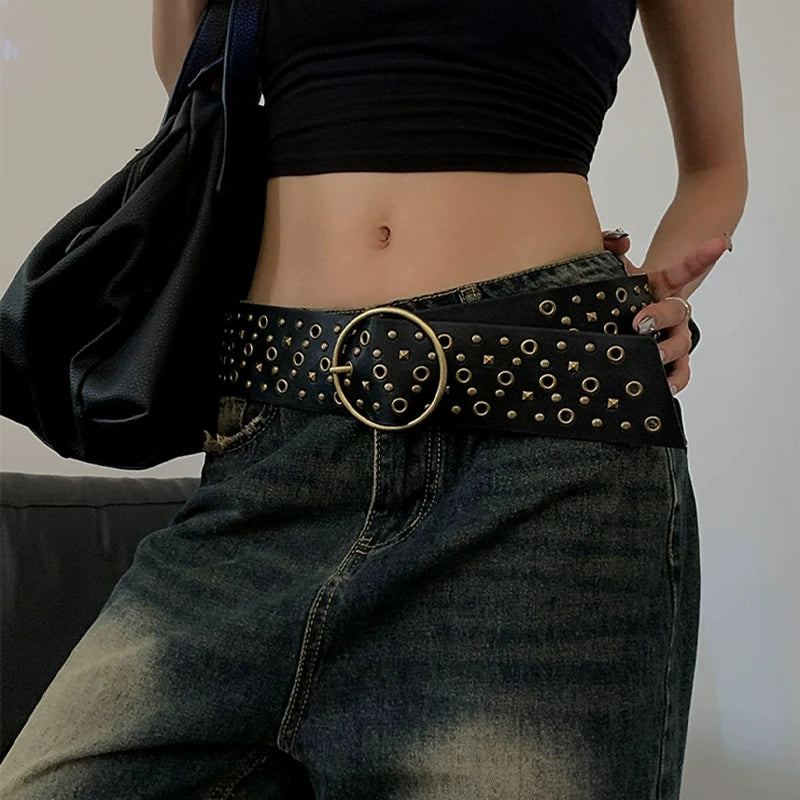 Vintage PU Leather Rivet Pin Buckle Belt Women Western Cowgirl Punk Wide Waistband for Dress Skirts Jeans Clothes Accessories