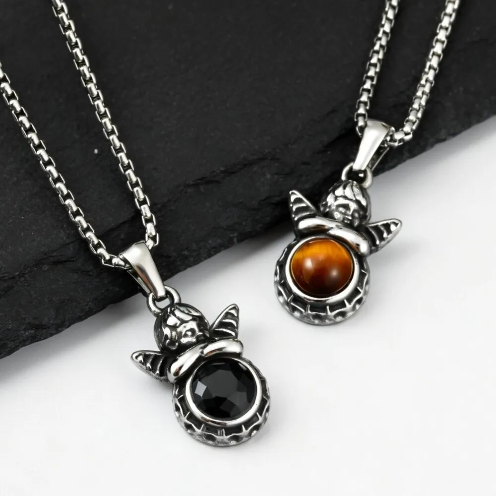 Little Angel Pendant Necklace for Men Boys,Stainless Steel Round Natural Stone Pendant Necklace,Trend Causal Jewelry